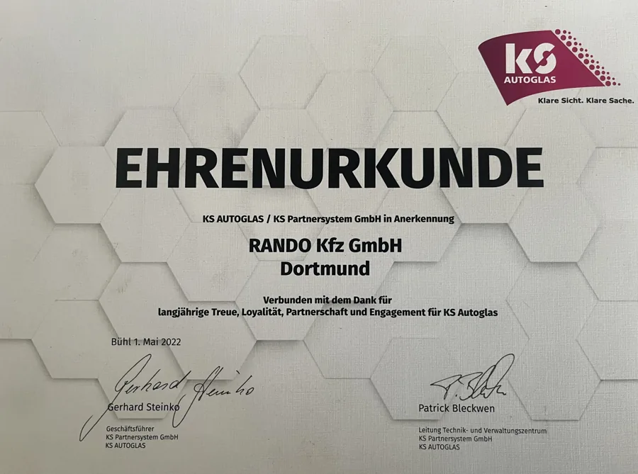 Ehrenurkunde von KS Autoglas für die Rando Kfz GmbH Dortmund für langjährige Treue und Partnerschaft