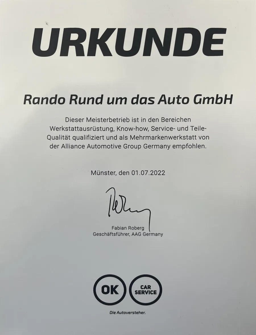 Urkunde OK Car Service: Rando Rund um das Auto GmbH als Mehrmarkenwerkstatt der Alliance Automotive Group empfohlen